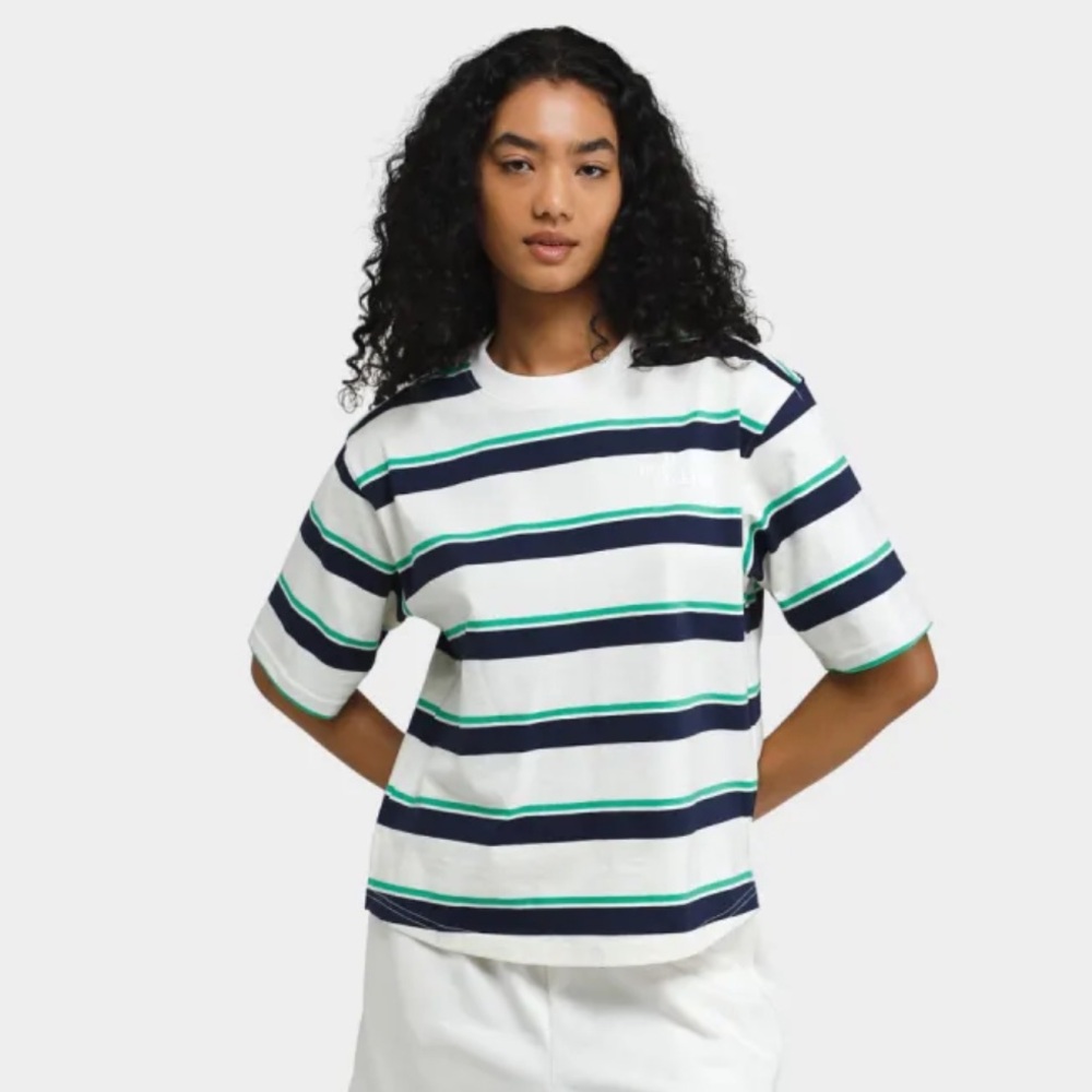 The North Face 100% Cotton Striped Navy & Green Size S Oversized Boxy Fit